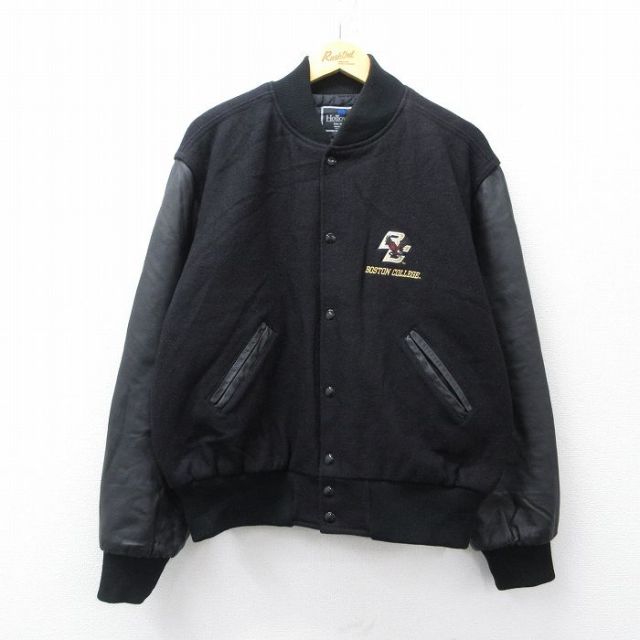 XL★古着 ホロウェイ 長袖 スタジャン メンズ 90年代 90s BOSTON COLLEGE 袖レザー ウール USA製 黒 25nov13