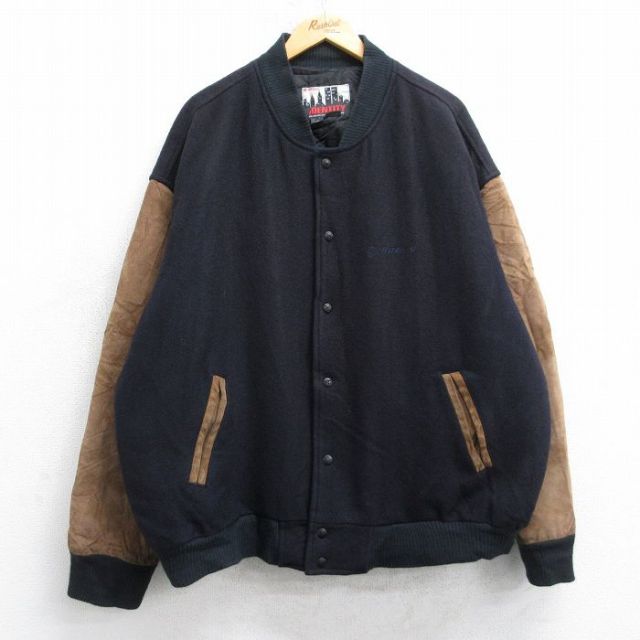 【50%OFF】XL★古着 長袖 スタジャン メンズ 90年代 90s ボーイング 袖レザー ツートンカラー 大きいサイズ ウール カナダ製 濃紺他 内側キルティング 25dec10
