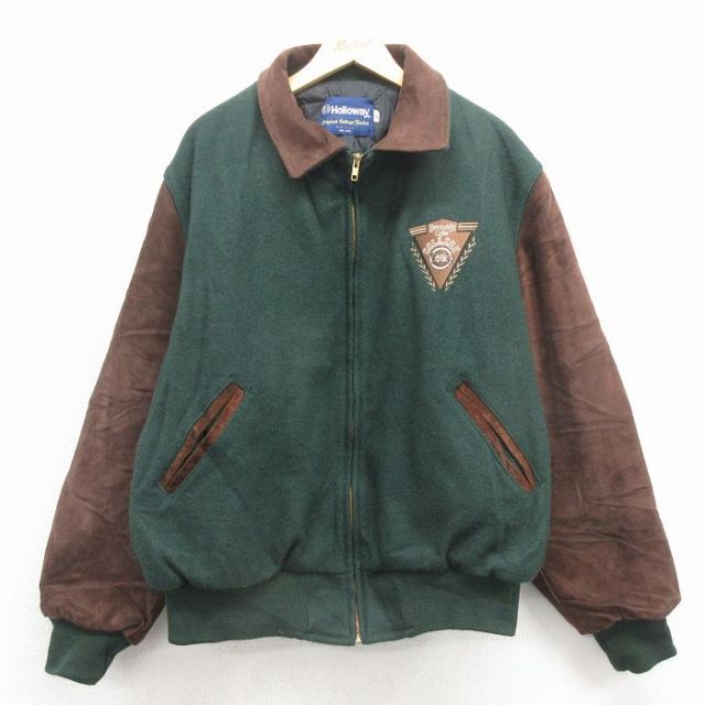 XL★古着 ホロウェイ 長袖 スタジャン メンズ 90年代 90s カレッジ 袖スエード 大きいサイズ ツートンカラー USA製 緑【spe】 25dec18