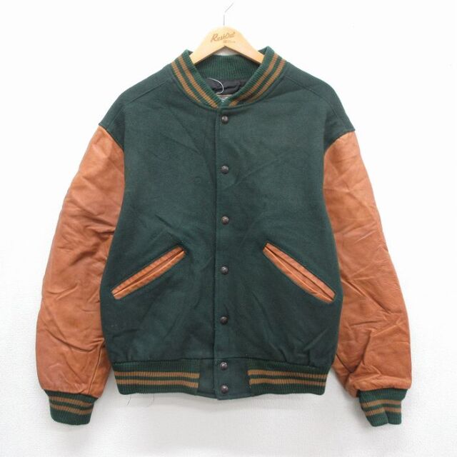 90s 長袖スタジャン 袖レザー グリーン メンズL相当 | 古着