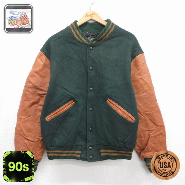 90s 長袖スタジャン 袖レザー グリーン メンズL相当 | 古着