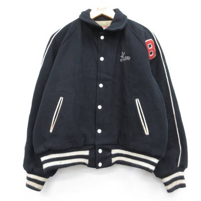 XL★古着 長袖 スタジャン メンズ 80年代 80s フットボール ウール スナップボタン ラグラン USA製 ブラック【spe】 26aug20