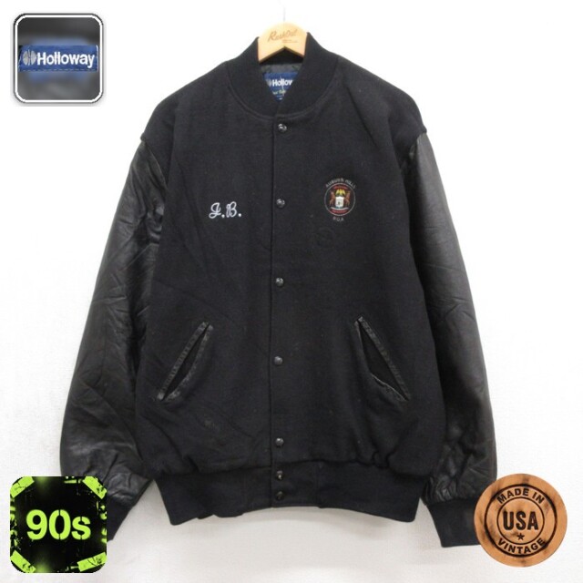 Holloway ホロウェイ 長袖 スタジャン 90s 刺繍ロゴ 袖レザー USA製 ブラック メンズXL相当 | 古着