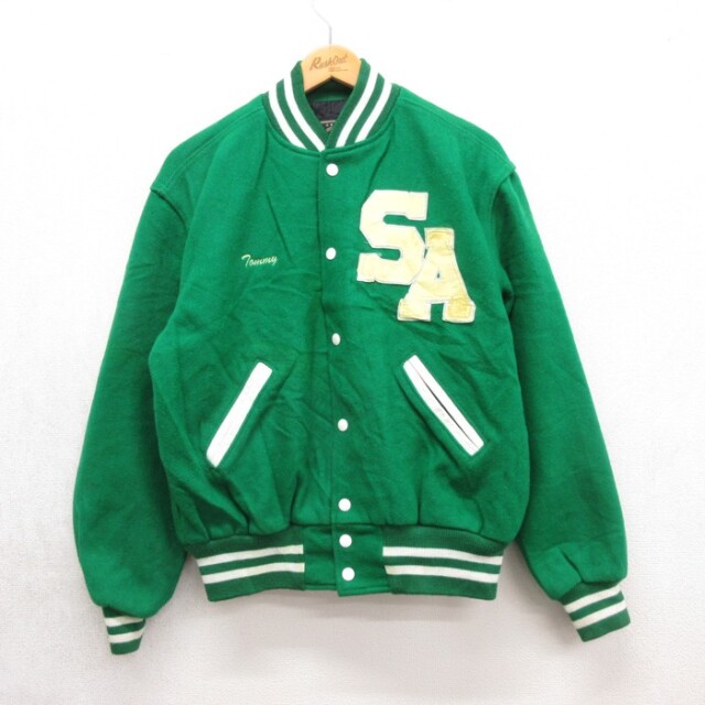 USA製 90s HOLLOWAY ウールスタジャン 緑 ゆるだぼ 古着通販 L☆古着 Holloway ホロウェイ 長袖 スタジャン メンズ 90年代