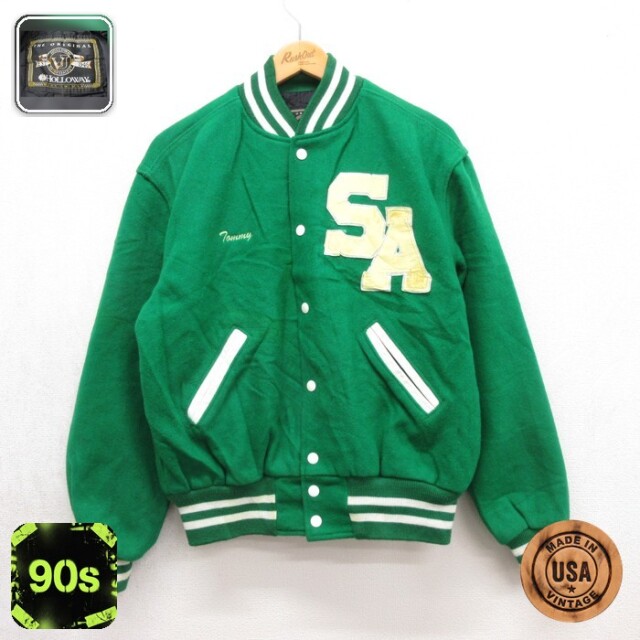 Holloway ホロウェイ 長袖 スタジャン 90s ウール クルーネック USA製 グリーン メンズL相当 | 古着