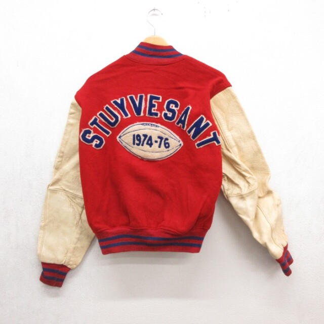 L★古着 長袖 スタジャン メンズ 70年代 70s Stuyvesant 袖レザー USA製 レッド【spe】 26sep10