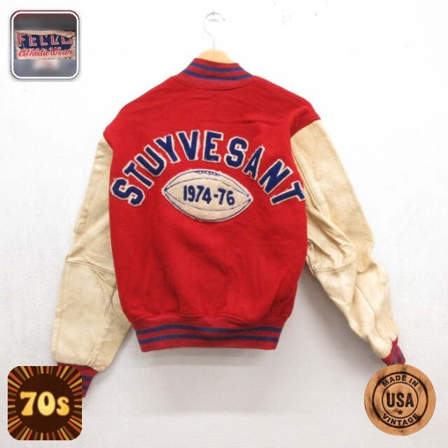 長袖 スタジャン 70s Stuyvesant 袖レザー USA製 レッド メンズL相当 | 古着
