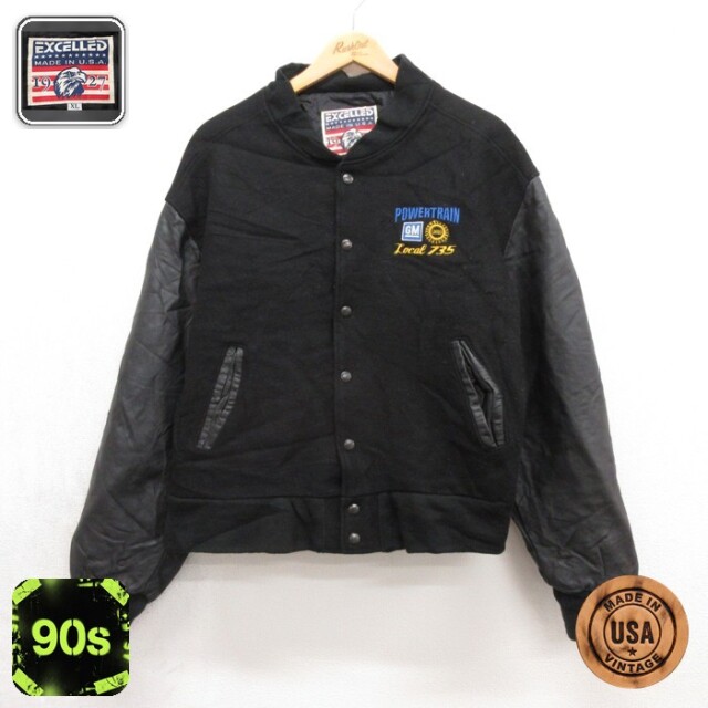 EXCELLED 長袖 スタジャン 90s GM UAW 袖レザー ウール USA製 ブラック メンズXL相当 | 古着