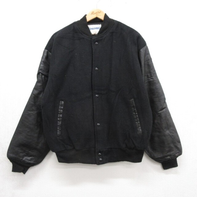 XL★古着 SPALDING 長袖 スタジャン メンズ 80年代 80s 袖レザー ウール USA製 ブラック【spe】 26oct05