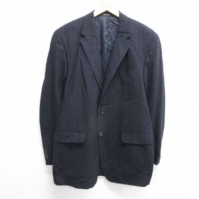 【50%OFF】L★古着 ラルフローレン Ralph Lauren 長袖 ブランド テーラード ジャケット メンズ ロング丈 ウール 紺他 ネイビー ストライプ 25jan14 中古 アウター