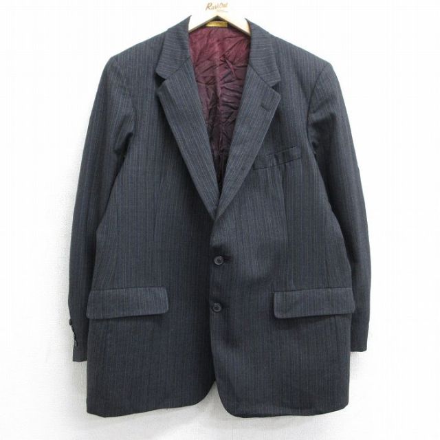 L★古着 クリスチャンディオール Christian Dior 長袖 ブランド テーラード ジャケット メンズ 90年代 90s ロング丈 ウール USA製 濃グレー他 ストライプ 【spe】 25feb01 中古 アウター