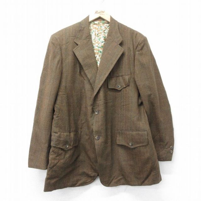 L★古着 長袖 テーラード ジャケット メンズ 90年代 90s ロング丈 ウール USA製 茶他 ブラウン チェック 25feb04 中古 アウター