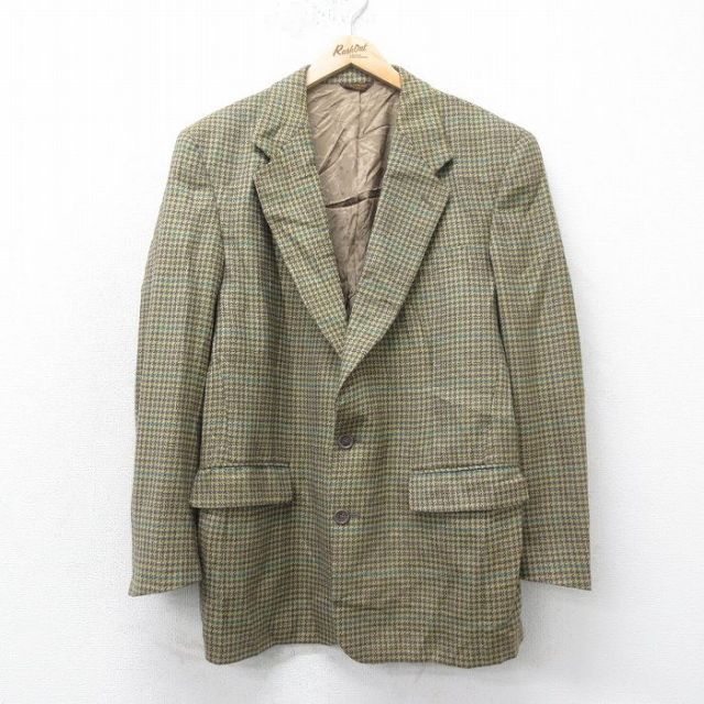 M★古着 長袖 テーラード ジャケット メンズ 90年代 90s 千鳥格子 ウール USA製 緑他 グリーン チェック 25feb04 中古 アウター