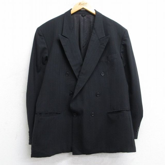 L★古着 ジバンシー 長袖 テーラード ジャケット メンズ 90年代 90s ロング丈 ウール USA製 黒他 ストライプ 25nov13