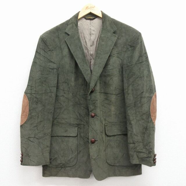 L★古着 オービス 長袖 テーラード ジャケット メンズ 90年代 90s コーデュロイ ロング丈 ヒジ当てスエード使用 緑 25nov27
