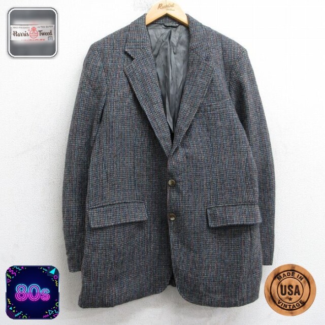 【50%OFF】ハリスツイード 80s テーラードジャケット 手織り グレー M | 古着