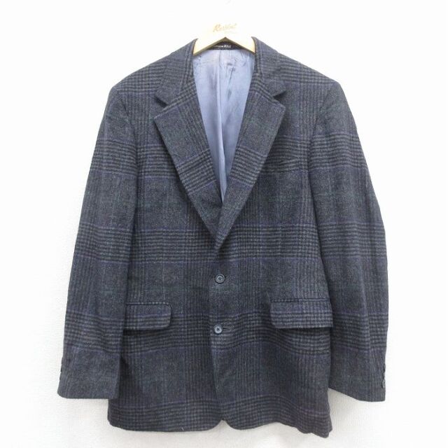 M★古着 長袖 テーラード ジャケット メンズ 80年代 80s キャメルヘアー USA製 黒他 チェック 26jan23