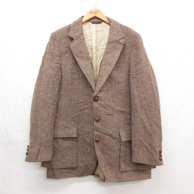M★古着 エルエルビーン 長袖 テーラード ジャケット メンズ 80年代 80s ロング丈 ツイード ウール USA製 ブラウン チェック【spe】 26sep25