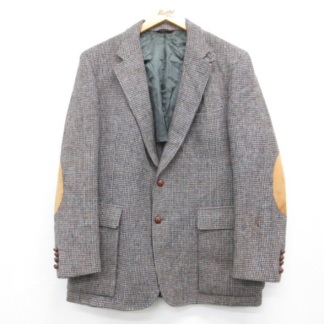 L★古着 Eddie Bauer エディーバウアー 長袖 テーラード ジャケット メンズ 80年代 80s ヒジ当て ハリスツイード スエード ウール USA製 ブラウン チェック【spe】 26sep30