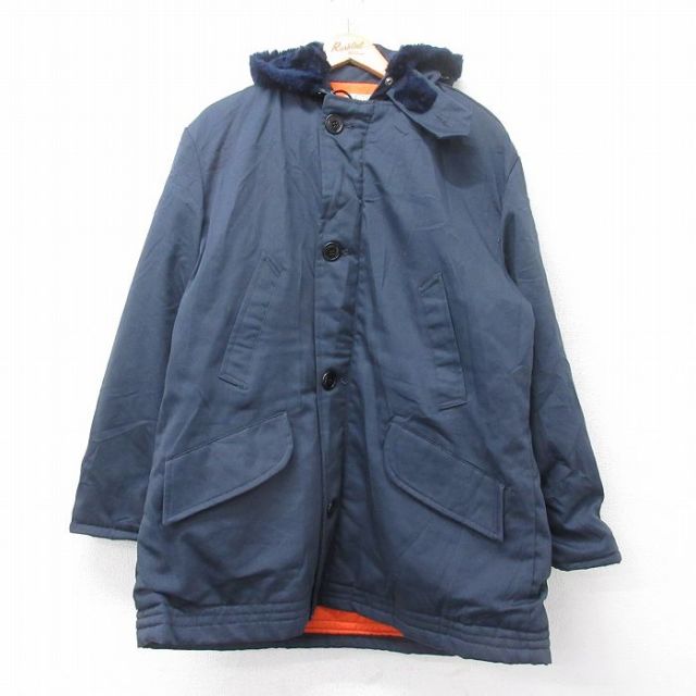 XL★古着 長袖 ビンテージ ジャケット パーカー メンズ 70年代 70s B-9 大きいサイズ ロング丈 紺 ネイビー 内側キルティング 【spe】 25oct21 中古 アウター ジャンパー ブルゾン