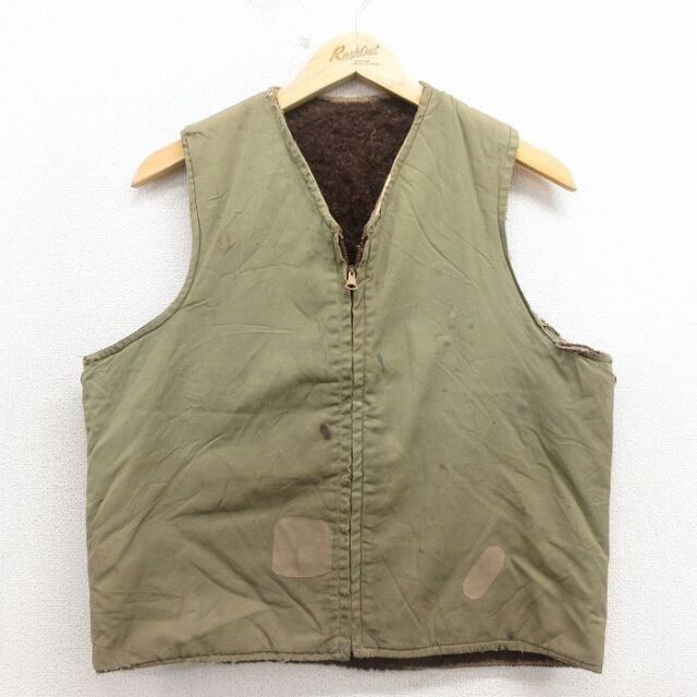 M★古着 ビンテージ ベスト メンズ 40年代 40s コの字留め 緑 内側ボア 26mar09
