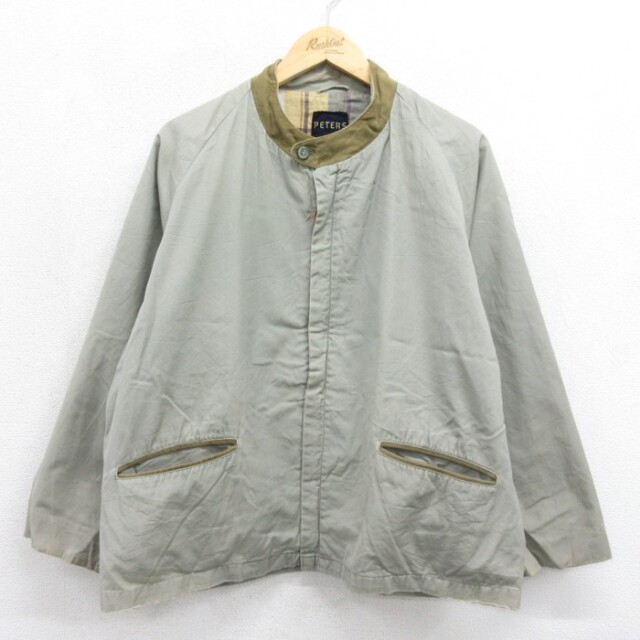 XL★古着 PETERS 長袖 ビンテージ ジャケット メンズ 60年代 60s チェック裏地 ノーカラー カーキ【spe】 26sep04