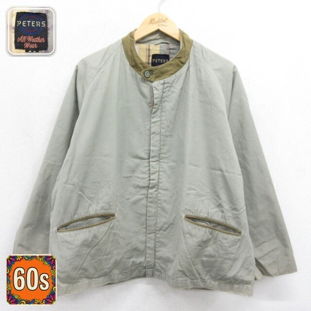 PETERS 60s ノーカラージャケット チェック裏地 カーキ メンズXL相当 | 古着