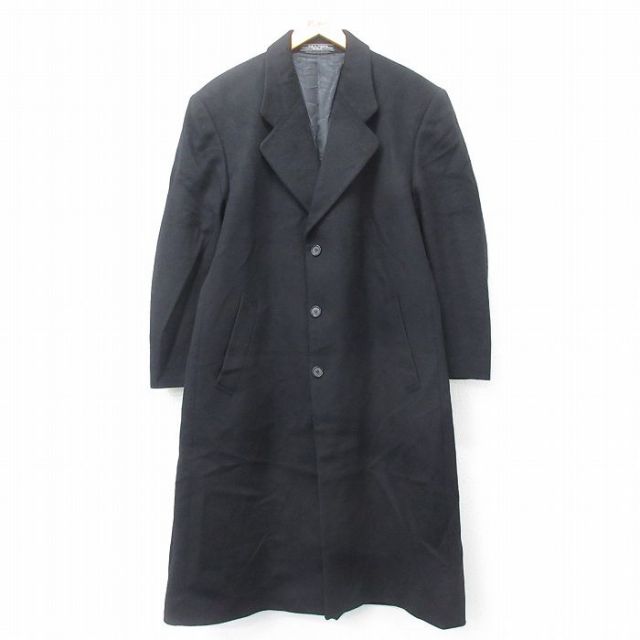 【50%OFF】XL★古着 長袖 ウール コート メンズ 大きいサイズ ロング丈 カシミヤ カシミア 黒 ブラック 25jan21 中古 アウター