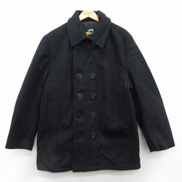 【50%OFF】L★古着 長袖 ウール ピーコート Pコート メンズ 90年代 90s ロング丈 USA製 黒 ブラック 内側キルティング 【spe】 25jan28 中古 アウター