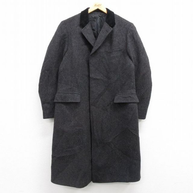 L★古着 長袖 ウール コート メンズ 90年代 90s 襟ベロア ロング丈 黒 ブラック 25jan29 中古 アウター