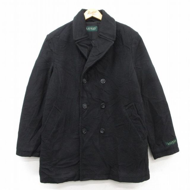 【50%OFF】L★古着 ラルフローレン Ralph Lauren 長袖 ブランド ウール ピーコート Pコート メンズ ロング丈 黒 ブラック 内側キルティング 25feb04 中古 アウター