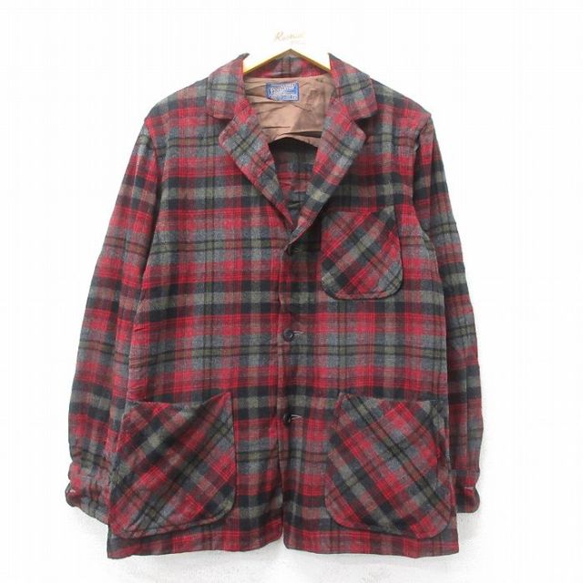 L★古着 ペンドルトン PENDLETON 長袖 ビンテージ ウール ジャケット メンズ 60年代 60s 赤他 レッド チェック 【spe】 25feb03 中古 アウター