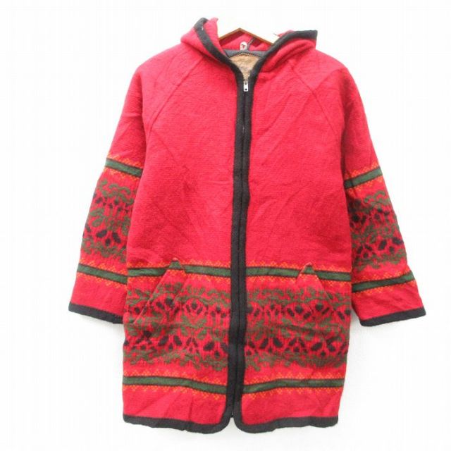 M★古着 ウールリッチ WOOLRICH 長袖 ウール ジャケット パーカー メンズ 90年代 90s ラグラン ロング丈 USA製 赤他 レッド 内側キルティング 【spe】 25feb05 中古 アウター