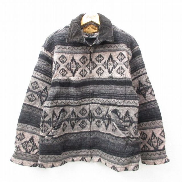 L★古着 ウールリッチ WOOLRICH 長袖 ウール ジャケット メンズ 90年代 90s ネイティブ柄 ラグ柄 襟コーデュロイ USA製 黒他 ブラック 【spe】 25feb05 中古 アウター