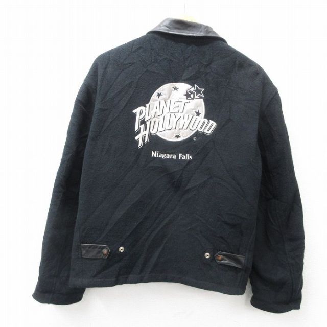 XL★古着 長袖 ウール ジャケット メンズ 90年代 90s プラネットハリウッド 刺繍 襟レザー USA製 黒 ブラック 内側キルティング 25feb05 中古 アウター