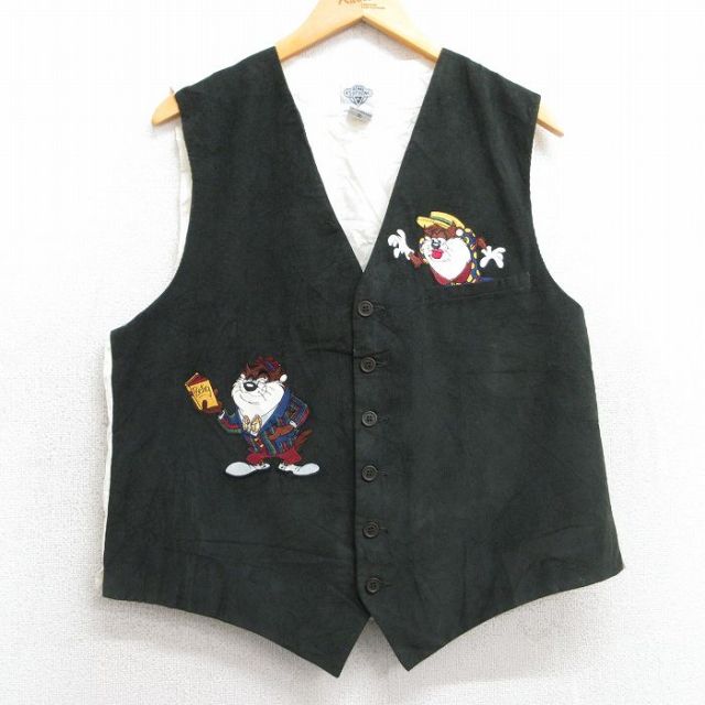 L★古着 コーデュロイ ベスト メンズ 90年代 90s ルーニーテューンズ LOONEY TUNES タズ コットン 濃緑 グリーン 25feb07 中古 アウター