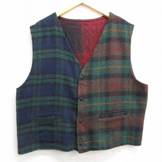 XL★古着 アメリカンイーグル American Eagle ウール ベスト メンズ 90年代 90s クレイジーパターン USA製 緑他 グリーン チェック 25feb07 中古 アウター