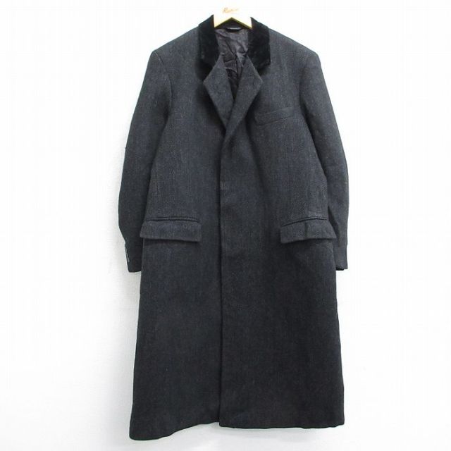L★古着 長袖 ウール コート メンズ 90年代 90s ツイード ベロア ロング丈 USA製 黒他 ブラック 25feb07 中古 アウター