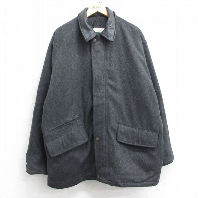XL★古着 ペリーエリス 長袖 ウール ジャケット メンズ 90年代 90s 襟レザー 大きいサイズ ロング丈 グレー 内側キルティング 25feb07 中古 アウター