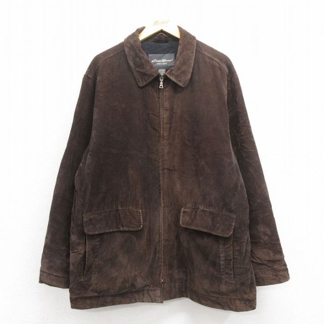 XL★古着 エディーバウアー 長袖 コーデュロイ ジャケット コート メンズ 大きいサイズ ロング丈 コットン こげ茶 ブラウン 25oct04 中古 アウター