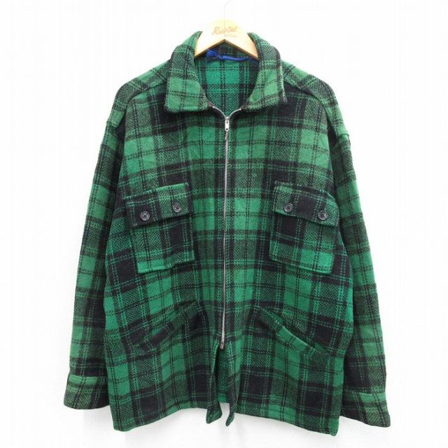 XL★古着 長袖 ウール ジャケット メンズ 80年代 80s 大きいサイズ 緑他 グリーン チェック 25oct07 中古 アウター