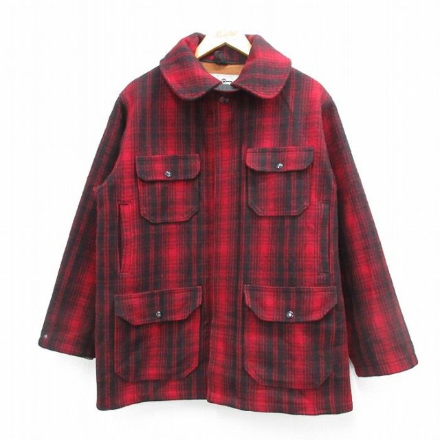 XL★古着 ウールリッチ WOOLRICH 長袖 ウール ジャケット メンズ 80年代 80s マッキーノ USA製 赤他 レッド チェック 25oct07 中古 アウター