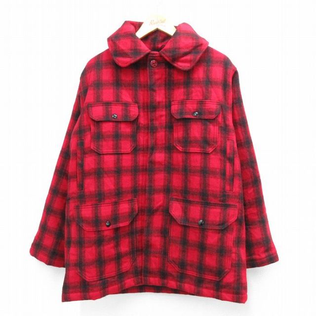 L★古着 ウールリッチ WOOLRICH 長袖 ウール ジャケット メンズ 80年代 80s マッキーノ USA製 赤 レッド オンブレ チェック 内側キルティング 【spe】 25oct07 中古 アウター