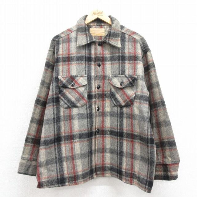 XL★古着 長袖 ウール ジャケット メンズ 80年代 80s グレー チェック 25oct08 中古 アウター