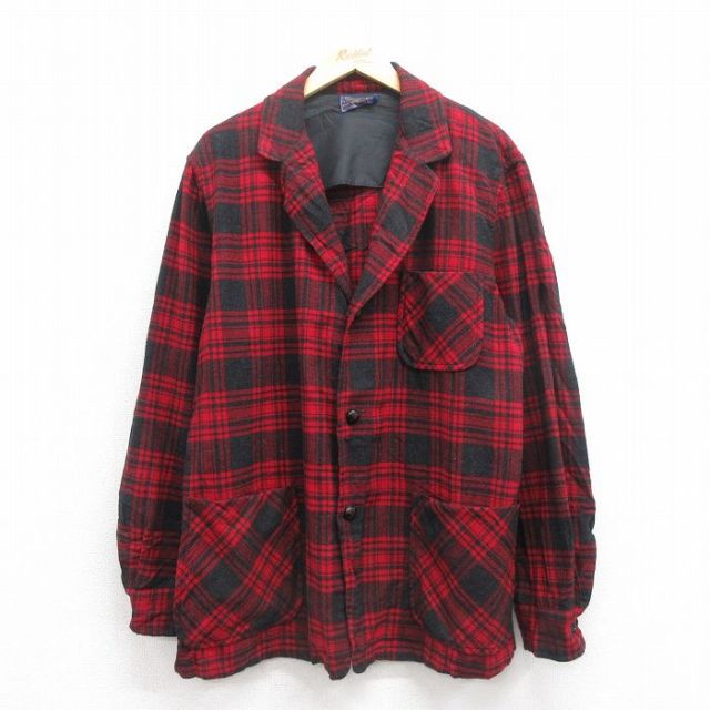 XL★古着 ペンドルトン PENDLETON 長袖 ビンテージ ウール ジャケット メンズ 60年代 60s 赤 レッド チェック 25oct29 中古 アウター