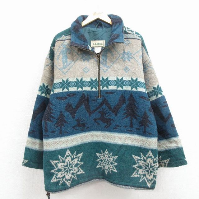 XL★古着 エルエルビーン 長袖 ウール ハーフジップ ジャケット メンズ 90年代 90s 雪柄 青緑他【spe】 25nov18