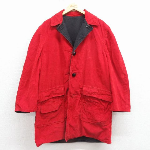 XL★古着 長袖 ウール ビンテージ コーデュロイ コート メンズ 60年代 60s リバーシブル ロング丈 開襟 オープンカラー USA製 赤【spe】 25nov18
