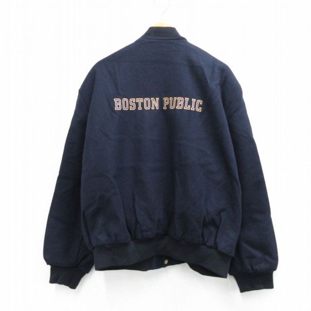 XL★古着 長袖 ウール ジャケット メンズ 90年代 90s BOSTON 刺繍 大きいサイズ USA製 紺 25nov18