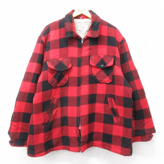 XL★古着 長袖 ウール ジャケット メンズ 80年代 80s 大きいサイズ USA製 赤他 バファロー チェック 内側ボア 25nov21