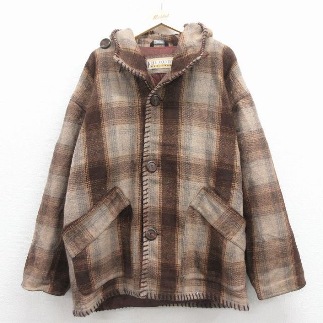 XL★古着 長袖 ウール ジャケット パーカー メンズ 大きいサイズ こげ茶 チェック 内側キルティング 25nov25